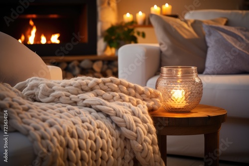 chunky knit throw on sofa. Сoffee table with candle. hygge home, modern living room