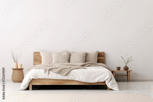 wooden bed against white wall. Scandinavian loft modern bedroom interior design © Iryna