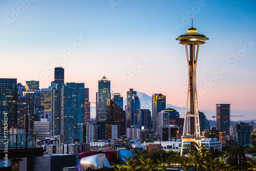 The Space Needle and city skyline at dawn, Seattle, USA photo