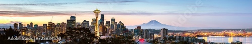 The Space Needle and city skyline with mount Rainier, high resolution panoramic view at dawn, Seattle, United States photo