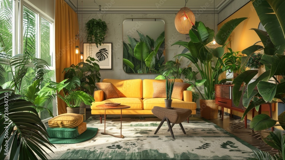 Obraz premium A vibrant living room adorned with an abundance of lush green plants. Perfect for adding a touch of nature and freshness to any interior space.