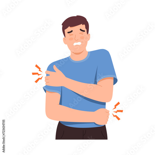 Man experience fatigue and exhaustion all over the body from work or continuous strenuous activities. male in pain, touching, massaging muscles, cuts, bruises, sports injuries. icon for infographics.