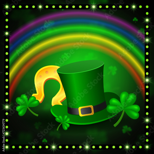 Vector illustration Happy St Patricks day background with green clovers, rainbow, horseshoe and Leprechaun Top Hat