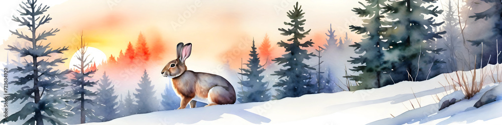 Obraz premium Watercolor painting of rabbit sitting in the snowy forest at sunset. Scenic winter landscape with hare. Beautiful scenery high quality ai generated painting.