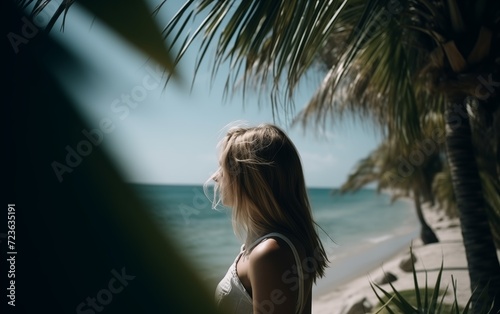 Young slender girl in the shade of palm trees against the background of the ocean 