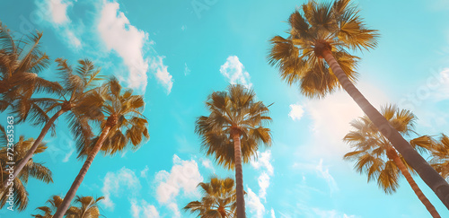Palm trees on a Mexican beach during summer, create a vacation dadcore vibes. Scene with several palm trees against a weathercore blue horizon, nature-based patterns from a low angle perspective. © jex