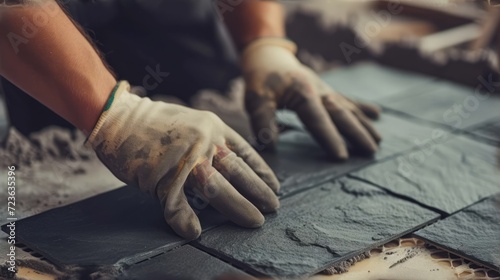 Construction worker wearing gloves laying slate tiles