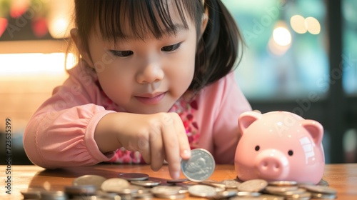 A young Asian child puts coins into a piggy bank. Emotions cultivate children's awareness of saving money. --ar 16:9 --v 6 Job ID: f0023cc2-bb7a-4677-bfbb-2c3adf8e1235