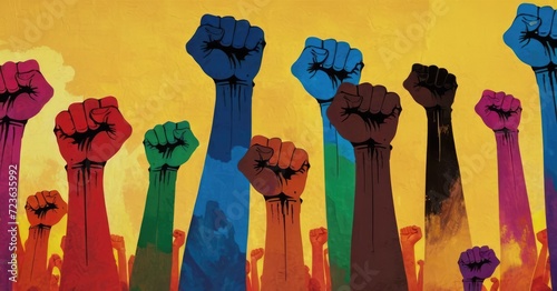 Stylized painted multicolored fists raised upward as a sign of struggle, dissent and equality