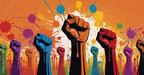 Stylized painted multicolored fists raised upward as a sign of struggle  dissent and equality