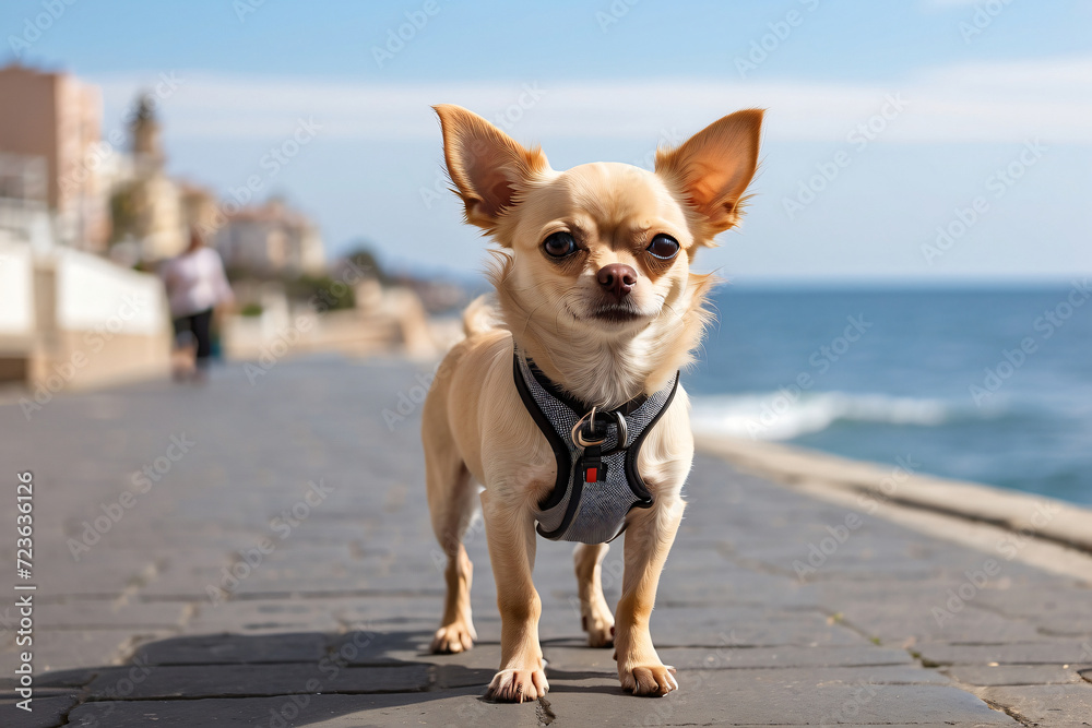 dog standing on the road against the sea