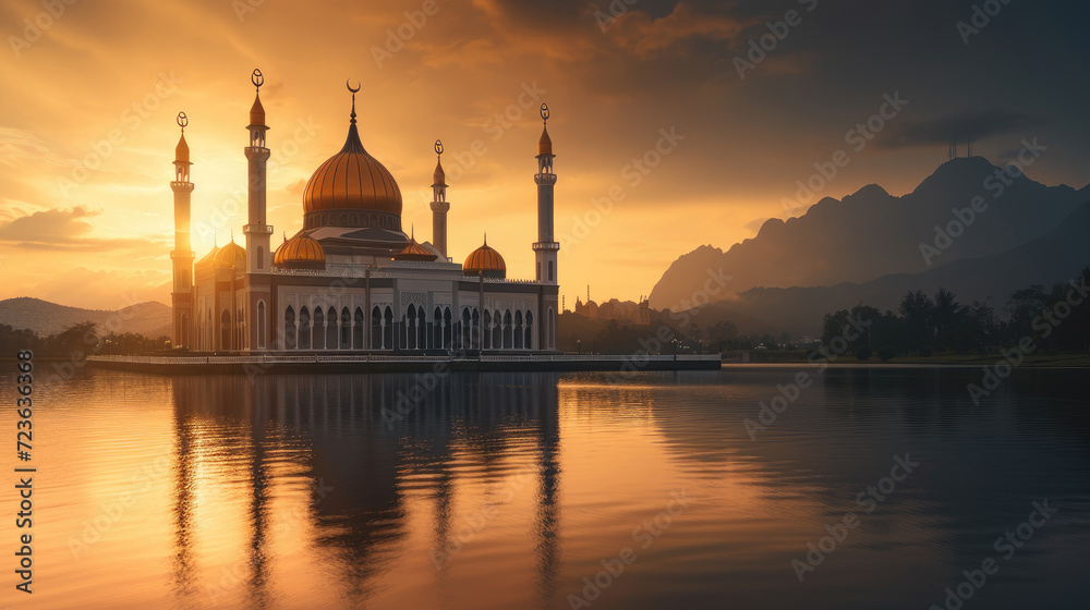 Serene mosque by the lake at sunset with mountains in the background