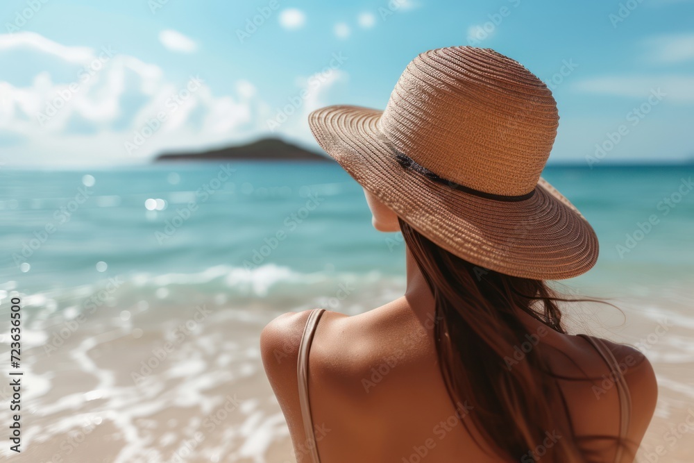 Happy woman with hat relaxing at the seaside