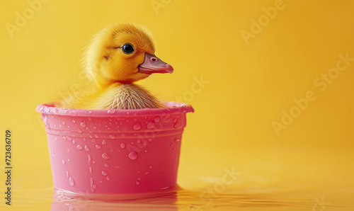 Baby duck in the pink bucket isolated on yellow background , Cute fluffy ducklings © Atchariya63