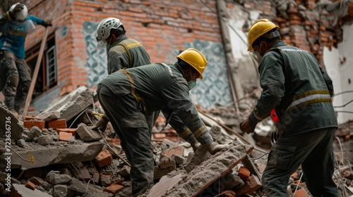 Search and rescue forces search through a destroyed building.