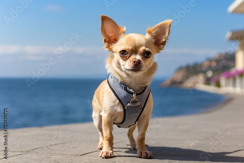 dog standing on the road against the sea
