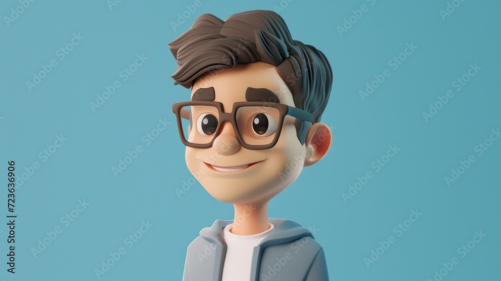 Cute isometric 3d image of straight avatar of a man with short dark brown hair and glasses and a subtle smile Cute isometric 3d image of straight avatar of a man with short dark brown hair and glasses and a subtle smile