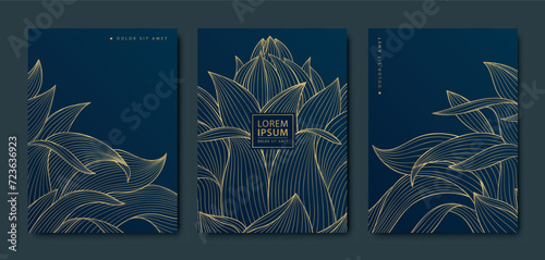 Vector set of lotus flower design, luxury art illustration, asian floral line ornament. Use for beauty, wedding hotel, spa, yoga design