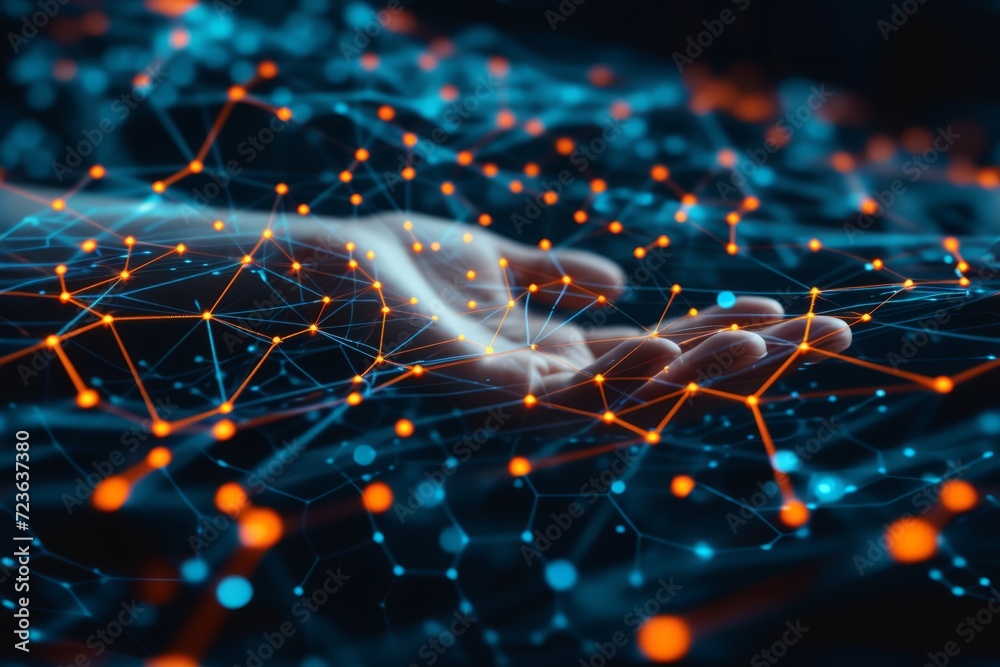 A hand touching a glowing network of nodes and connections representing the internet and global communication technologies. - obrazy, fototapety, plakaty 