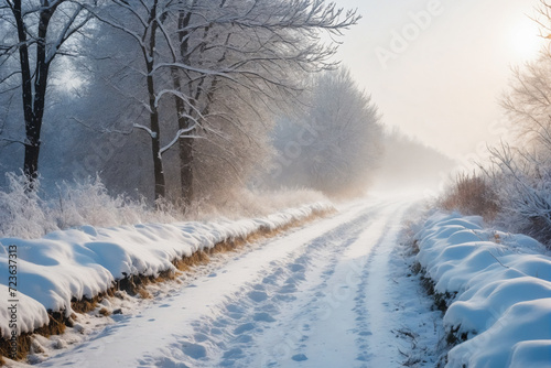 Snowy blizzard on a countrside path in a winter time photo
