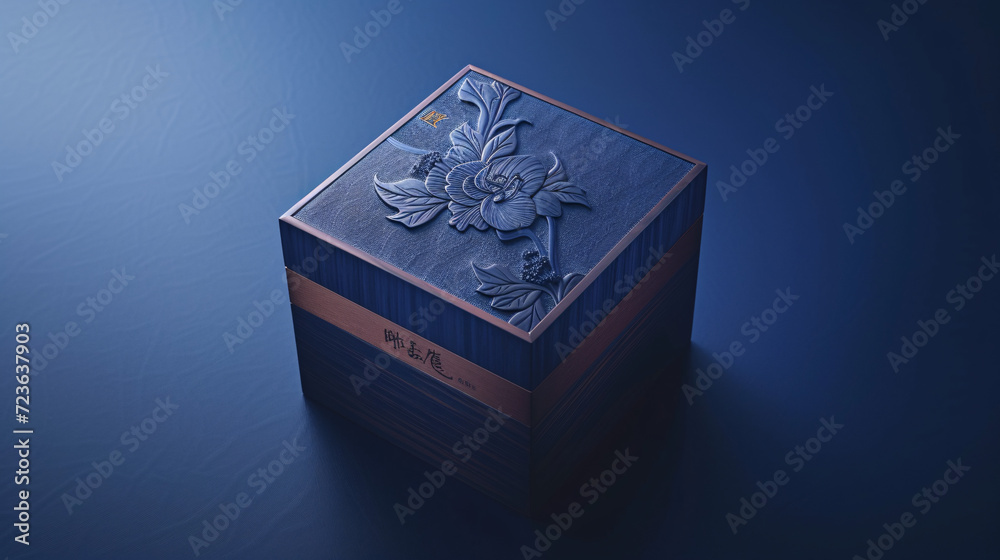 Fototapeta premium Embracing the Artistry: An Elegant Blue and Brown Floral Embossed Wooden Box - A Perfect Storage Solution for Jewelry and Keepsakes