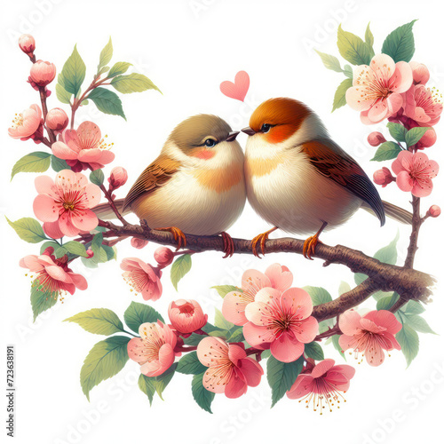 Two small birds in love, sitting on branch of blooming tree isolated solid white background. ai generative © Igor