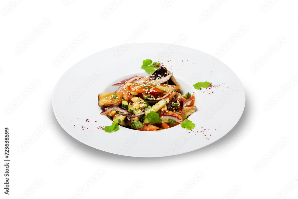 Thai salad with eggplant, sesame and cilantro in a plate, isolated Thai salad with eggplant, sesame and cilantro in a plate, isolated