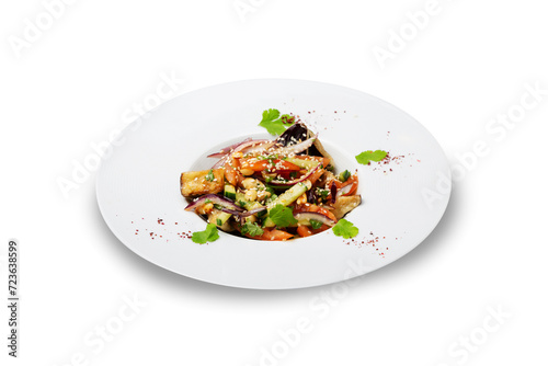 Thai salad with eggplant, sesame and cilantro in a plate, isolated