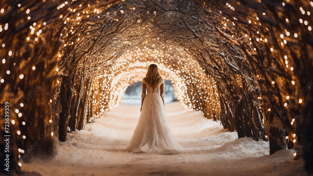 bride in winter view from the back, a girl in a white dress at a wedding in a decorated winter arch, entrance to the holiday - obrazy, fototapety, plakaty 