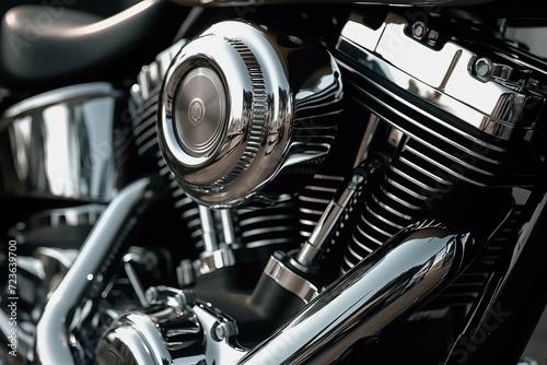 Glowing motorcycle engine. Metal silver powerful motorbike gear. Generate ai © nsit0108