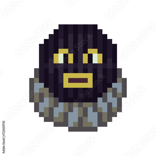 Bearded smiley, criminal in a black mask robber man unshaven face pixel art icon emoticon cartoon character. 8-bit smiley. Flat style. Isolated abstract vector illustration.