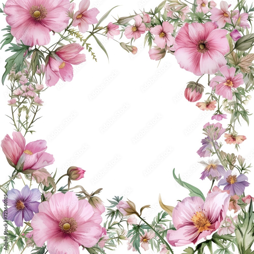 Pink bouquet wildflower. Frame border ornament square. Aquarelle wildflower for background