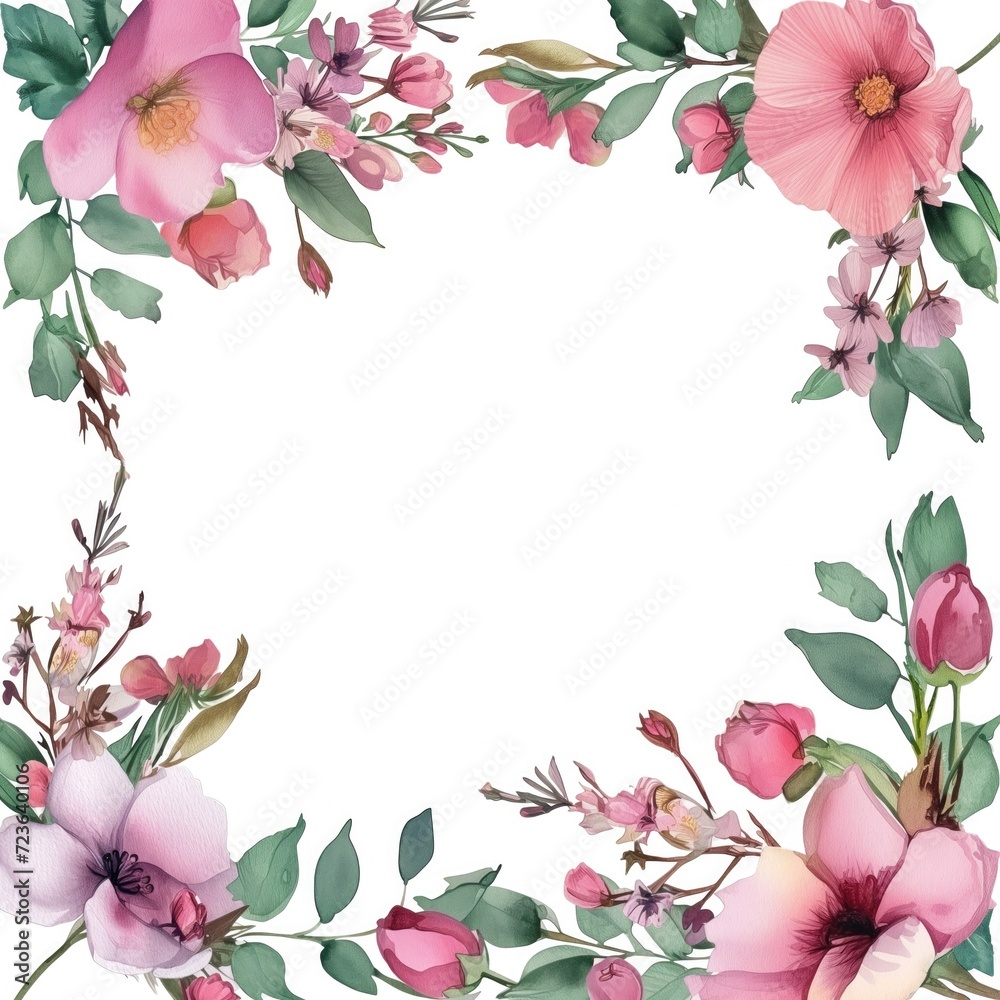 Pink bouquet wildflower. Frame border ornament square. Aquarelle wildflower for background Pink bouquet wildflower. Frame border ornament square. Aquarelle wildflower for background
