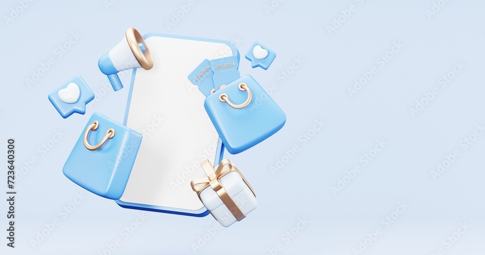 3d rendering of promotion sale with gifts and bag shoping , coupons, phone , on minimal blue gold background. flash sale , Mega sale special offer, discount sale podium . 3d rendering of promotion sale with gifts and bag shoping , coupons, phone , on minimal blue gold background. flash sale , Mega sale special offer, discount sale podium .