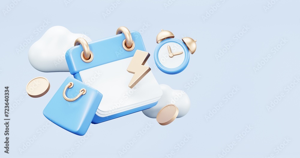 3d rendering of promotion sale with gifts and bag shoping , coupons, phone , on minimal blue gold background. flash sale , Mega sale special offer, discount sale podium .