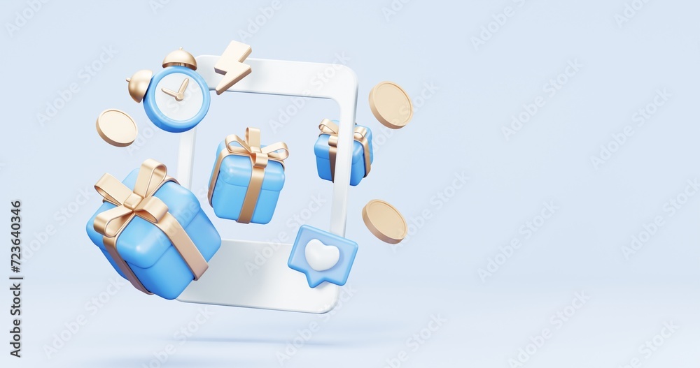 3d rendering of promotion sale with gifts and bag shoping , coupons, phone , on minimal blue gold background. flash sale , Mega sale special offer, discount sale podium . 3d rendering of promotion sale with gifts and bag shoping , coupons, phone , on minimal blue gold background. flash sale , Mega sale special offer, discount sale podium .