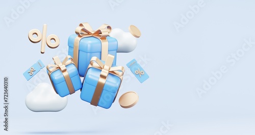 3d rendering of promotion sale with gifts and bag shoping , coupons, phone , on minimal blue gold background. flash sale , Mega sale special offer, discount sale podium .