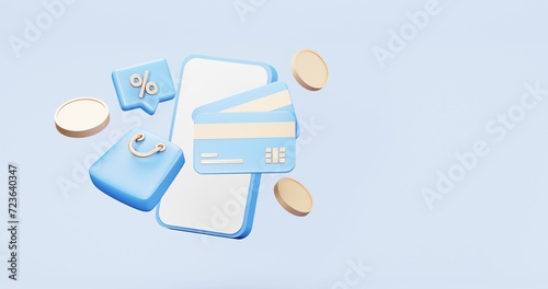 3d rendering of promotion sale with gifts and bag shoping , coupons, phone , on minimal blue gold background. flash sale , Mega sale special offer, discount sale podium .