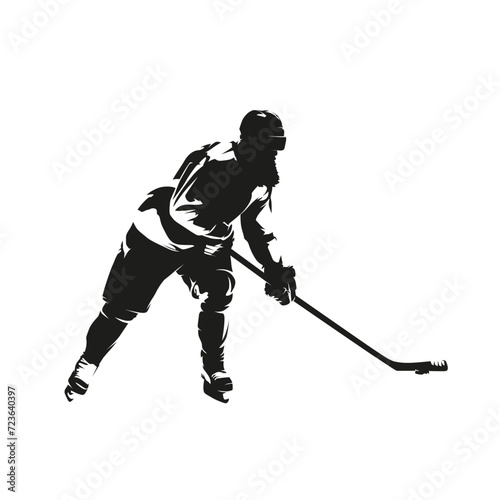 Ice hockey player skating with puck, isolated vector silhouette