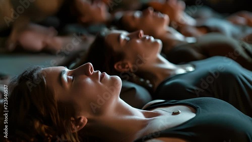 A group of participants lying on their backs, their eyes closed as they relax and follow along with a guided visualization during the breathwork session. photo