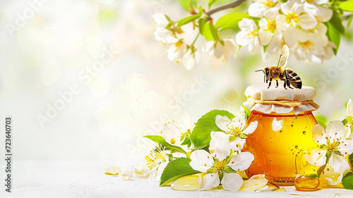 Flower honey in a glass jar surrounded by bees and cherry blossoms on a summer sunny day. Poster, banner for packaging with place for text. Beekeeping and sweet organic products concept