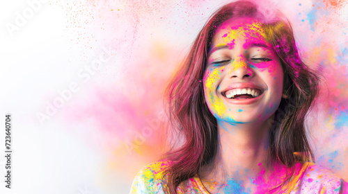Indian Holi festival, featuring a girl joyfully immersed in bright colors against a clean white background