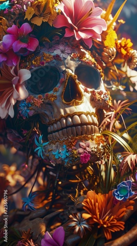 A close up of a skull with flowers on it