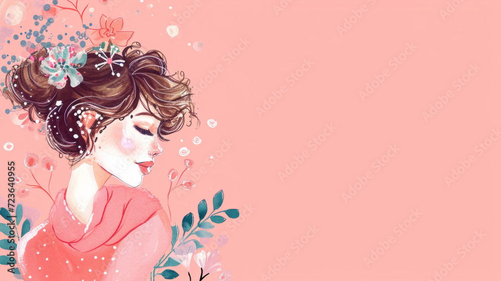 A woman with flowers in her hair and the words international women's day A woman with flowers in her hair and the words international women's day