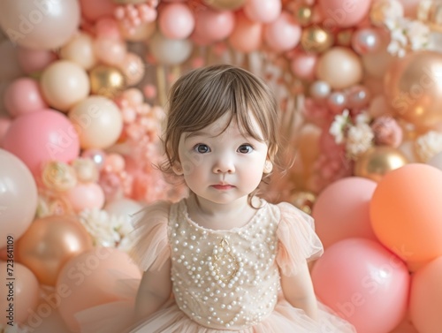A little girl in a dress surrounded by balloons