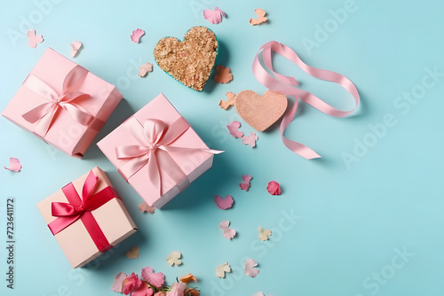 Mother's Day concept. Top view flat lay photo of gift boxes with pink ribbons, carnation flowers, and pink paper hearts on pastel blue background with empty space for text or advert © UseeIvan