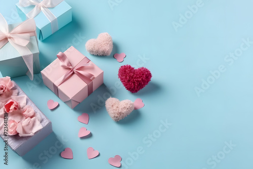 Mother's Day concept. Top view flat lay photo of gift boxes with pink ribbons, carnation flowers, and pink paper hearts on pastel blue background with empty space for text or advert © UseeIvan
