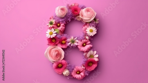 Number eight made of flowers on pink background. Women's day concept