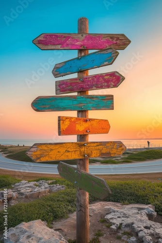 Wooden signpost with multiple colorful arrow signs pointing in different directions against a scenic sunset sky