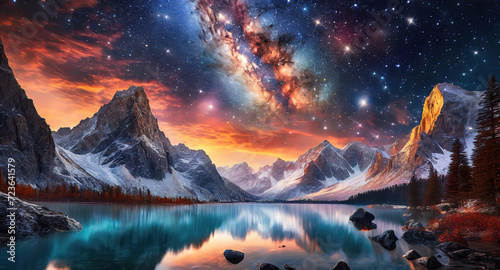 Bright Cosmic landscape with nebula and stars in the background and mountains